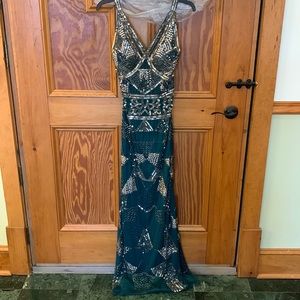 EUC Marina all over beaded green long gown with cross cross back